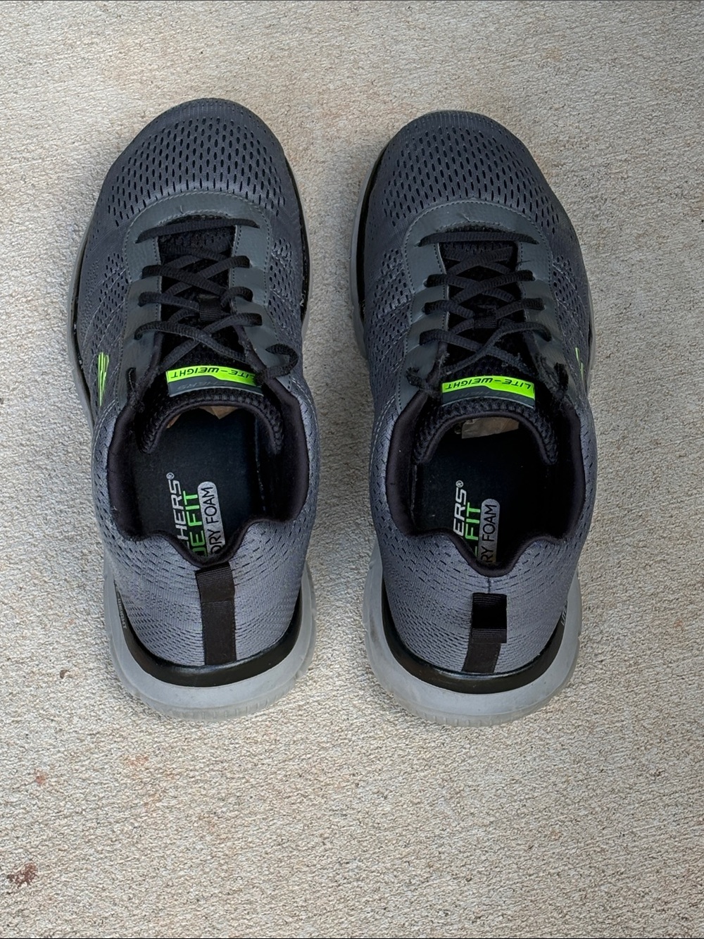 MENS 13 Skechers Dark Gray Knit Slip-On Sneakers with Neon Green Logo
